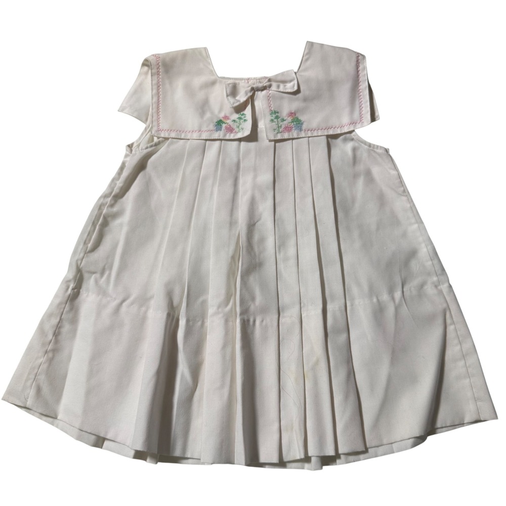 Vintage 80s Rosey Kids Sailor Style Babydoll Garden Stitch Dress 18m Girl cotton